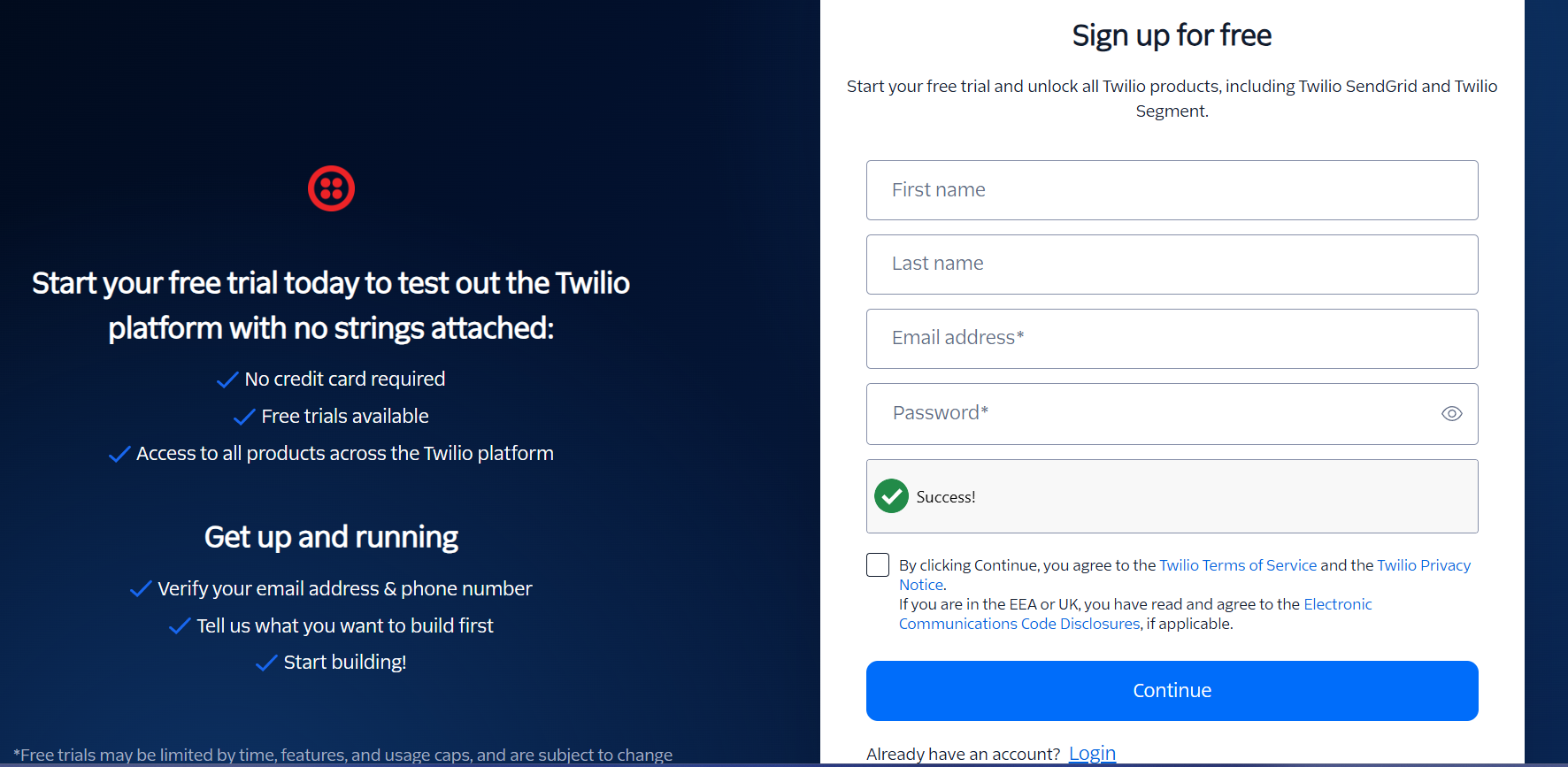 Twilio account creation interface showing sign-up process